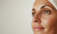 Caucasian woman with glowing skin wearing white head wrap gazes upward with serene expression, showcasing natural beauty and spa wellness concept.