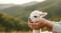 Young white goat held in human hands against blurred green mountain landscape. Suitable for agriculture, farming, animal care, and nature-themed designs.