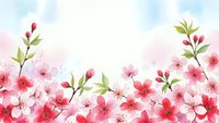 Delicate pink cherry blossom flowers with green leaves on soft pastel background, spring floral border design for greeting cards and decorations.
