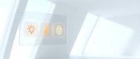 Smart home control panel with illuminated icons for brightness, temperature, and security settings on modern white wall.
