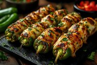 Grilled jalapeno poppers wrapped in bacon and stuffed with cream cheese on wooden skewer, garnished with fresh herbs, served on black stone board.