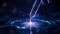 Glowing liquid droplet falling from pipette creating luminous ripple effect on dark surface with blue neon light and particles. Scientific research concept.