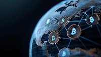 Glowing cryptocurrency network visualization on dark globe surface with connected bitcoin symbols and digital lines for financial technology concept.
