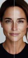 Split face portrait showing skin texture comparison with and without freckles on young woman with natural makeup and brown hair against white background.