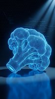 Glowing wireframe brain with neural pathways and digital data streams on dark background, representing artificial intelligence, machine learning, and advanced technology concepts.