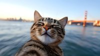Contented tabby cat enjoying sunset by water, with iconic bridge in background. Close up portrait shows peaceful expression and striped fur pattern.