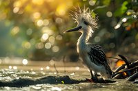 Crested heron standing in shallow water at golden hour, sunlight creating magical bokeh effect in background, wild bird with distinctive spiked plumage photographed in natural habitat.