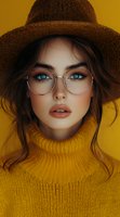 Young woman with blue eyes wearing round glasses, brown hat and yellow turtleneck sweater against yellow background. Close up portrait with natural makeup look.