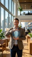 Professional businessman displaying five star quality rating badge in modern office lobby for customer satisfaction and service excellence concepts.