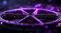 Glowing purple neon compass with sparkling particles and bokeh lights on dark background creates mystical navigation concept for spiritual guidance.