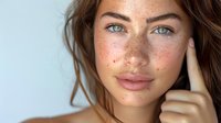 Close up portrait of young Caucasian woman with natural freckles, brown hair and blue eyes looking at camera with gentle smile against light background.