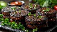 Grilled portobello mushrooms garnished with fresh herbs on black stone plate, close up view. Juicy vegetarian steaks with charred surface and parsley decoration.