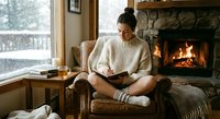 Young woman reading book by fireplace in cozy winter cabin wearing cream sweater and wool socks creating warm peaceful atmosphere for relaxation and leisure.