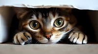 Curious cat with bright green eyes peeking through gap, showing playful expression and paws. Close-up view captures feline's intense gaze and tabby markings.