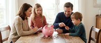 Caucasian family with two children learning about money management and savings with pink piggy bank at home dining table during financial education lesson.