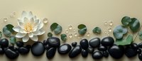 Spa composition with white water lily, black massage stones, eucalyptus leaves and water drops on beige background. Wellness and relaxation concept.