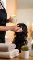 Professional hairstylist applying nourishing hair mask treatment to brunette woman client in modern salon spa setting for hair care routine.