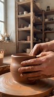 Skilled potter hands shaping clay vessel on spinning wheel in traditional ceramic workshop studio with wooden shelves displaying handmade pottery pieces.