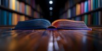 Open book with colorful pages in library setting, dramatic lighting creates reflection on wooden table surface, blurred bookshelves in background create depth and atmosphere.