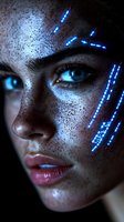 Close-up portrait of young woman with freckles and glowing blue light patterns on face, dramatic dark background and ethereal cyberpunk aesthetic lighting effects.