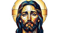 Stained glass style portrait of Jesus Christ with golden halo, colorful geometric segments creating religious artwork for spiritual and faith-based designs.