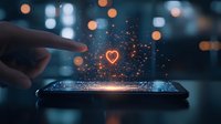 Finger touching smartphone screen with glowing heart hologram emerging in sparkles against blurred city lights background, representing digital love connection.