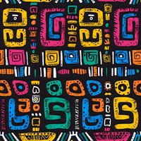 Colorful abstract geometric pattern with spiral shapes and tribal elements in vibrant yellow, pink, blue, and orange on black background. Seamless repeat design.