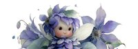 Adorable fairy child with purple flower petals as hair and clothing, surrounded by botanical elements on white background for creative projects.