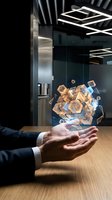 Businessman holding floating holographic cubes above palm in modern office with geometric ceiling lights, representing digital transformation, data management, and future technology solutions.