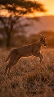 Caracal wildcat leaping through golden savanna grassland at sunset with warm backlighting and acacia tree silhouette in African wilderness landscape.