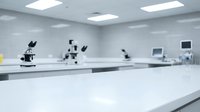 Modern laboratory interior with microscopes and equipment on white countertops for scientific research and medical analysis in sterile environment.