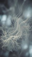 Ethereal flowing lines merging with circuit patterns on a soft gray bokeh background, evoking neural networks and digital energy flow.