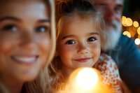 Smiling young girl with blonde hair and bright eyes in warm evening light with bokeh effects, capturing genuine happiness and family moments during holiday season.