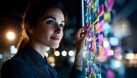 Young Caucasian woman touching colorful light installation at night, illuminated by neon lights with bokeh background creating dreamy urban atmosphere.