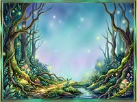 Enchanted forest pathway with ancient twisted trees framing a magical glowing clearing, mystical woodland scene with luminous lights and serene stream for fantasy illustration and game design.