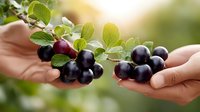 Fresh blackcurrant berries with green leaves in cupped hands during golden hour sunlight for healthy eating and organic farming concepts.