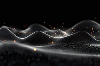 Abstract digital wave pattern with glowing orange particles and white dots forming dynamic flowing landscape against black background. Network visualization concept.