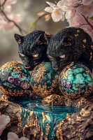 Mystical black panthers with turquoise and gold spheres amid cherry blossoms, creating enchanting fantasy scene with magical gemstone orbs and flowing water.