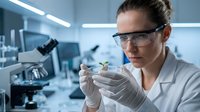 Female scientist examining plant seedling with tweezers in modern laboratory wearing safety glasses and gloves for botanical research and development.