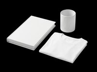 Blank white mockup set with book, folded t-shirt, and mug isolated on transparent background. Ready for branding, print on demand, and sublimation design use.