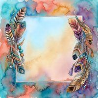 Watercolor frame with ornamental feathers and colorful abstract background, isolated on white space for design, greeting cards, posters, and creative projects.