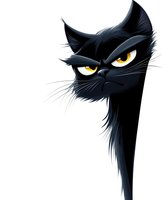 Grumpy black cat with yellow eyes and annoyed expression peeking from side on white isolated background, suitable for merchandise and greeting cards.