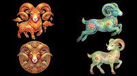 Ornate Chinese zodiac ram set with floral folk art patterns, isolated on transparent background, ready for stickers, sublimation, t-shirt design, and print on demand.