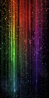 Vibrant rainbow spectrum with glowing vertical light streaks and sparkles on dark background, creating magical atmospheric effect for party or celebration designs.