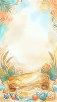 Watercolor tropical frame with ornamental swirls, palm leaves, seashells, and starfish on cream background. Blank banner space for text, invitations, or greeting cards.