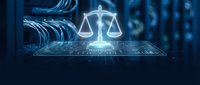 Digital justice scales hologram floating above futuristic circuit board with glowing blue technology elements for legal tech and law firm presentations.