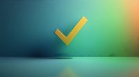 Golden checkmark symbol floating over gradient turquoise and orange background with reflection, representing success, approval, and achievement.
