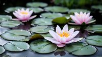 Pink water lilies floating on dark pond surface among green lily pads, creating serene natural composition for wellness and meditation designs.
