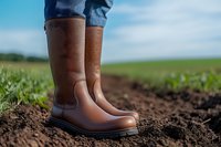 Brown leather boots standing on freshly plowed soil against blurred rural landscape with green fields and blue sky, showcasing farming and agriculture lifestyle.