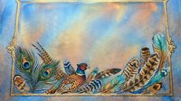 Ornate decorative frame with colorful feathers including peacock plumes, pheasant and exotic bird feathers arranged as border design on textured background.